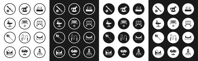 Set Abacus, Soccer goal with ball, Swing boat, Baseball bat, Double swing, Horse saddle, Boat and Kite icon. Vector