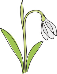 One continuous line drawing of beauty fresh galanthus for home wall decor art poster print. Printable decorative snowdrop flower concept for wedding card. Single line draw design vector illustration
