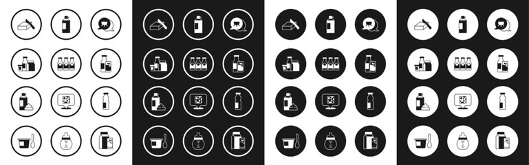 Fototapeta premium Set Udder, Bottle with milk, Milk product, Butter in a butter dish, and glass, Whipped cream bottle, Drinking yogurt and icon. Vector