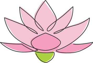 Single continuous line drawing of beauty fresh lotus for healthcare spa business logo. Printable decorative water lily flower concept home wall decor poster. One line draw design vector illustration