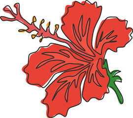 One continuous line drawing of beauty fresh hibiscus for park garden logo. Printable poster rose mallow flower concept for home wall decor. Modern single line draw design vector graphic illustration