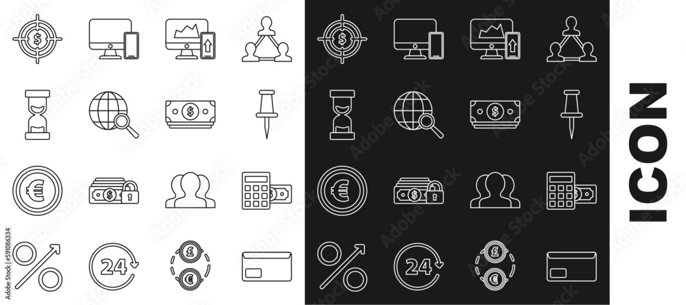 Poster Set line Envelope, Push pin, Financial chart graph on the computer monitor and mobile phone, Magnifying glass globe, Old hourglass flowing sand, Target and Stacks paper money cash icon. Vector