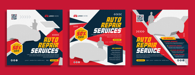 Auto repair service business marketing social media banner post template. Car wash or bike cleaning workshop online commercial ad or web poster. Automobile sale, maintenance or rent promotion flyer.