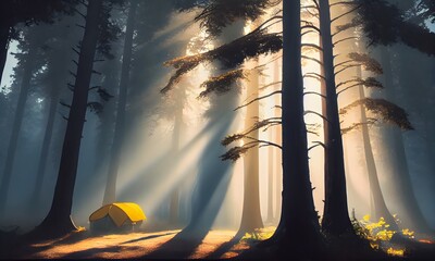 Shining sunlight through the trees is a sight to behold. Camping in the park under the sun and the fog is an incredible sight. Forest sun harp casts early morning shadows. Ai generative