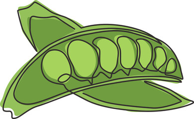 One continuous line drawing whole healthy organic green pea for farm logo identity. Fresh seed pod of pisum sativum concept vegetable icon. Modern single line draw design vector graphic illustration