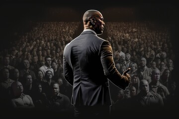Businessman standing in front of a crowd of people on a dark background. Generative AI