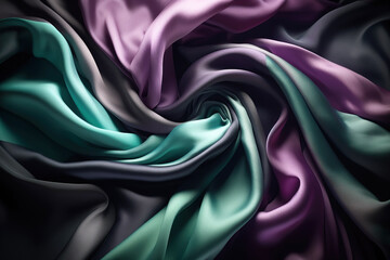 Obraz premium A swirl of silk, satin material in purple, green and black for a luxurious background. Generative AI.