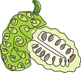 One continuous line drawing of whole and half sliced healthy organic noni for logo identity. Fresh morinda citrifolia concept for fruit garden icon. Modern single line draw design vector illustration