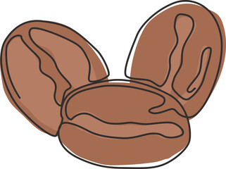 One continuous line drawing whole healthy organic coffee bean for restaurant logo identity. Fresh aromatic seed concept for coffee shop icon. Modern single line draw design graphic vector illustration