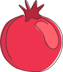 One single line drawing whole healthy organic pomegranate for orchard logo identity. Fresh fruitage seeds concept for fruit garden icon. Modern continuous line draw design vector graphic illustration