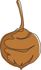 Single continuous line drawing of whole healthy organic jicama for orchard logo identity. Fresh yam vegetable concept for vegan farm icon. Modern one line draw design vector graphic illustration