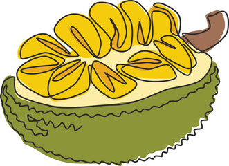 One single line drawing of half slice healthy organic jackfruit for orchard logo identity. Fresh tropical fruitage concept for fruit garden icon. Modern continuous line draw design vector illustration