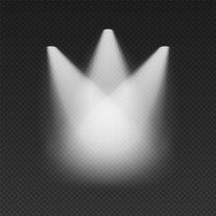 Three white cone lights from top with darkened edges. Volumetric spotlight effect on dark background. Empty limelight in studio or concert scene. 3d rendering.