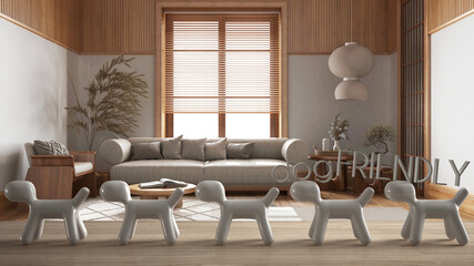 Wooden table top or shelf with line of stylized dogs, dog friendly concept, love for animals, animal dog proof home, wooden japandi living room, cool interior design