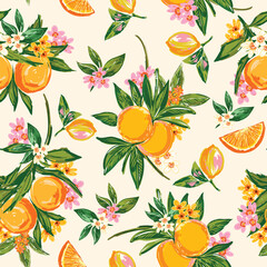 Beautiful seamless Summer Vacation Seamless pattern. Summer fruit, Lemon , Oranges , flower, banana,beach and ocean vector hand drawn style - 591087784