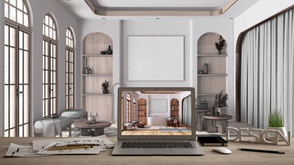 Naklejka premium Architect designer desktop concept, laptop on wooden work desk with screen showing interior design project, blueprint draft background, modern bathroom in japandi apartment, bathtub