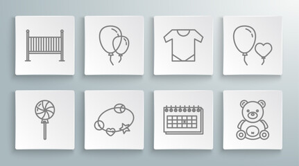 Set line Lollipop, Balloons with ribbon, Rattle baby toy, Calendar, Teddy bear plush, Baby onesie, in form of heart and crib cradle bed icon. Vector