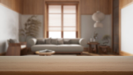 Fototapeta na wymiar Empty wooden table, desk or shelf with blurred view of japandi wooden living room in minimal style. Fabric sofa with pillows, modern interior design concept