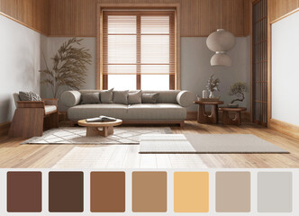 Fototapeta na wymiar Interior design scene with palette color. Different colors and patterns. Architect and designer concept idea. Japandi wooden living room in minimal style
