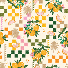 Beautiful seamless Summer Vacation Seamless pattern. Summer fruit, Lemon , Oranges , flower, banana,beach and ocean vector hand drawn style - 591087958