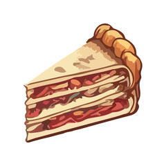 Slice of pizza vector flat icon. Isolated Italian food pizza emoji illustration. Vector illustration in cartoon style. Unhealthy food. Sausage, olives, green peppers and cheese. 