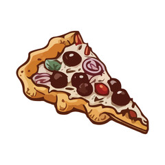 Slice of pizza vector flat icon. Isolated Italian food pizza emoji illustration. Vector illustration in cartoon style. Unhealthy food. Sausage, olives, green peppers and cheese. 