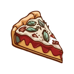 Slice of pizza vector flat icon. Isolated Italian food pizza emoji illustration. Vector illustration in cartoon style. Unhealthy food. Sausage, olives, green peppers and cheese. 