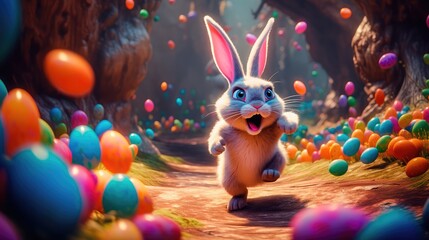Fototapeta na wymiar A big and cute Easter bunny runs through a fantastic magical world decorated with Easter eggs. Generative AI