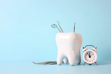White human tooth with with medical instruments and alarm clock on blue background.