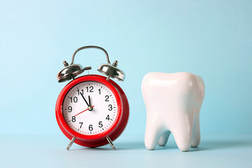 White human tooth with red alarm clock on blue background.