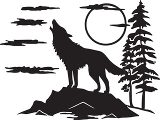 Wolf stands on a rock and howls at the moon vector illustration, SVG