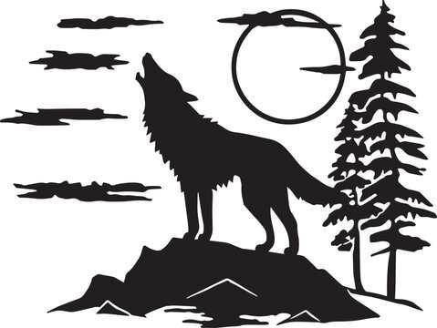 Wolf stands on a rock and howls at the moon vector illustration, SVG