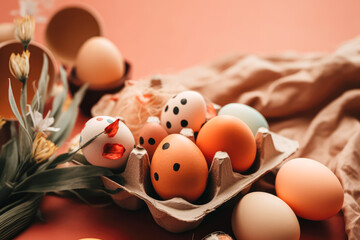 Easter card with colored dotted eggs and flowers in orange toned. Generative AI . Easter decor 