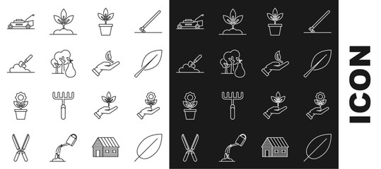 Set line Leaf, Hand holding flower, Flowers pot, Tree with pears, Garden trowel spade or shovel the ground, Lawn mower and Sprout hand of environmental protection icon. Vector