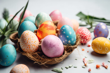Obraz premium Composition with multicolored easter eggs in nest. Generative AI. Easter card 