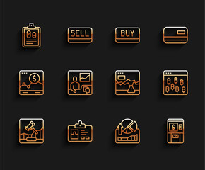 Set line Online internet auction, Identification badge, Business finance report, Stocks market growth graphs, ATM and money, Trading courses, Bitcoin browser and Failure stocks icon. Vector
