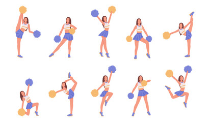 Set of cartoon character of young cheerleader in action. Sports fan uniform. Active and healthy lifestyle. Support performance to motivate sports teams. Vector