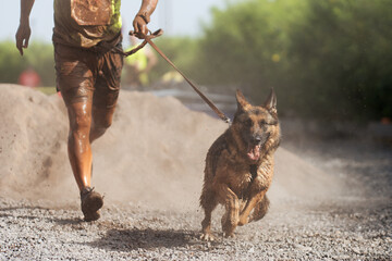 Dog and its owner taking part in a popular canicross race. Canicross dog mushing race. Outdoor...