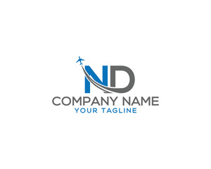 Letter ND with plane and airline unique logo design. Tourism, travel, airways identity and flight company creative vector icon.