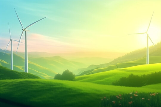Illustration of wind turbines located in beautiful nature during sunrise created with Generative AI technology
