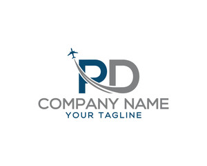 Letter PD with plane and airline unique logo design. Tourism, travel, airways identity and flight company creative vector icon.