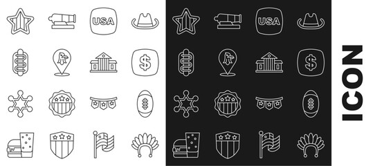 Set line Indian headdress with feathers, American Football ball, Dollar symbol, USA Independence day, Eagle, Hotdog sandwich, and White House icon. Vector