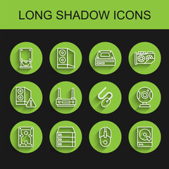 Set line Hard disk drive HDD, Server, Data, Web Hosting, Optical disc, Computer mouse, Router and wi-fi signal, camera and icon. Vector