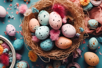 Top view of multicolored eggs in wicker basket and feathers pastel toned. Easter card. Generative AI