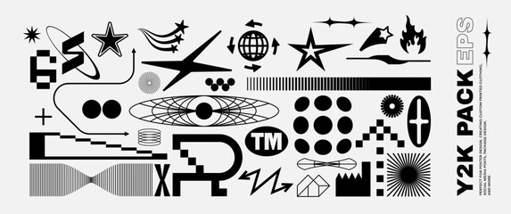 Vector Graphic Assets Set. Bold modern Shapes for Posters Template, flyers, clothes, social media, graphic design, sticker, In Y2k style, Futuristic, Anti-design, Retro Futurist.
