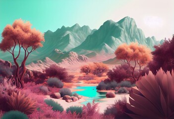 Fototapeta premium Pastel colors gentle landscape of nature, mountains, plants and trees. Soothing colors, escape to nature. Illustration background, Generative AI