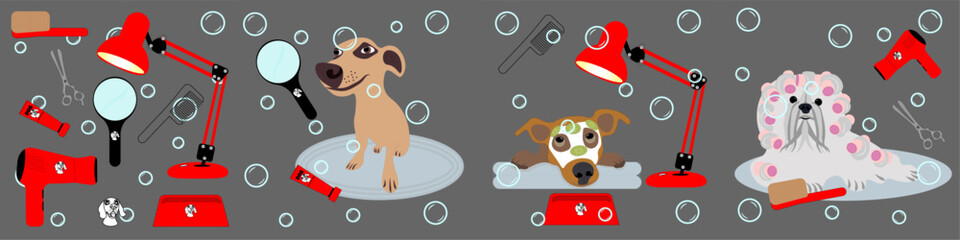 cards illustrated by cute dogs grooming salon or pet store