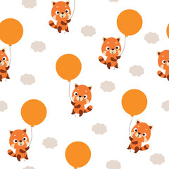 Cute little red panda flying on balloon seamless childish pattern. Funny cartoon animal character for fabric, wrapping, textile, wallpaper, apparel. Vector illustration