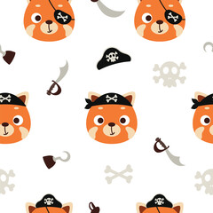 Cute little pirate red panda head seamless childish pattern. Funny cartoon animal character for fabric, wrapping, textile, wallpaper, apparel. Vector illustration