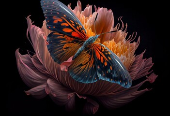Fototapeta na wymiar a painting of a large flower with a butterfly flying over it's back side and a butterfly flying over it's back side. generative ai